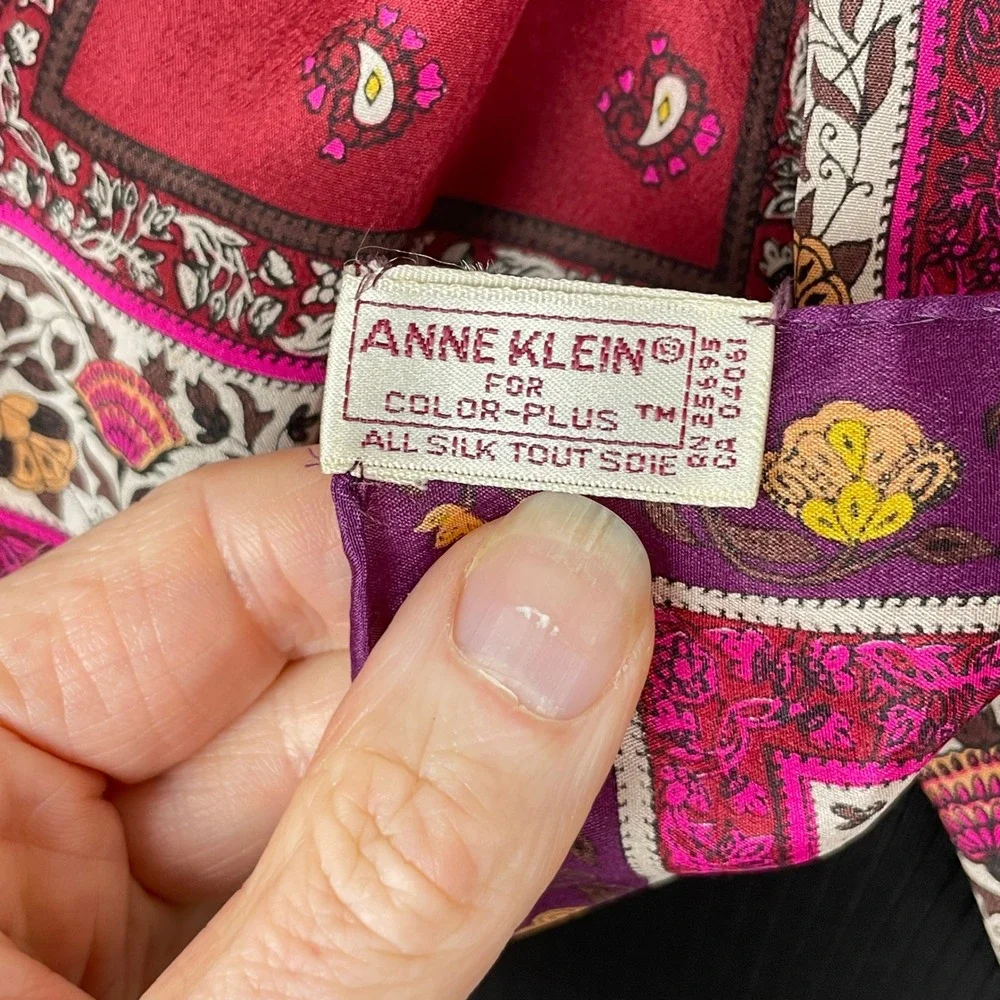 Vintage Anne Klein Womens Burgundy Purple Paisley Floral Silk Scarf Career 52x10